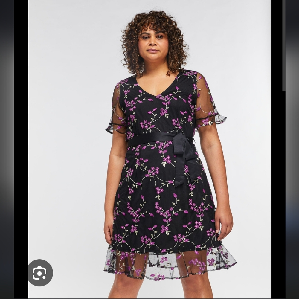 NWT Nordstrom Mesh Embroidered Floral Black and Pink Dress